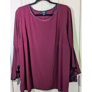 MSK Women Blouse Plus Size 3X Faux Leather Trim Flutter Sleeves Blouson